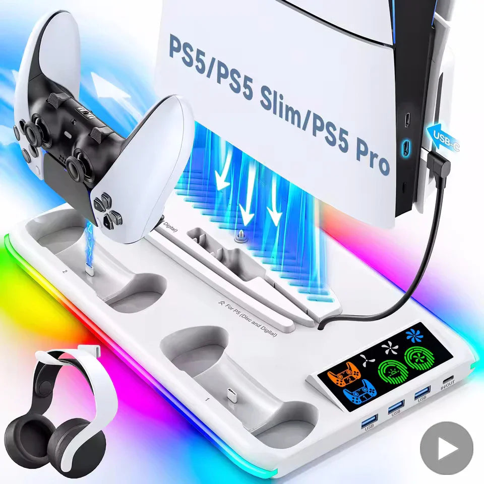 PS5 Stand with Cooling Fan, RGB Lighting & Controller Charging Hub