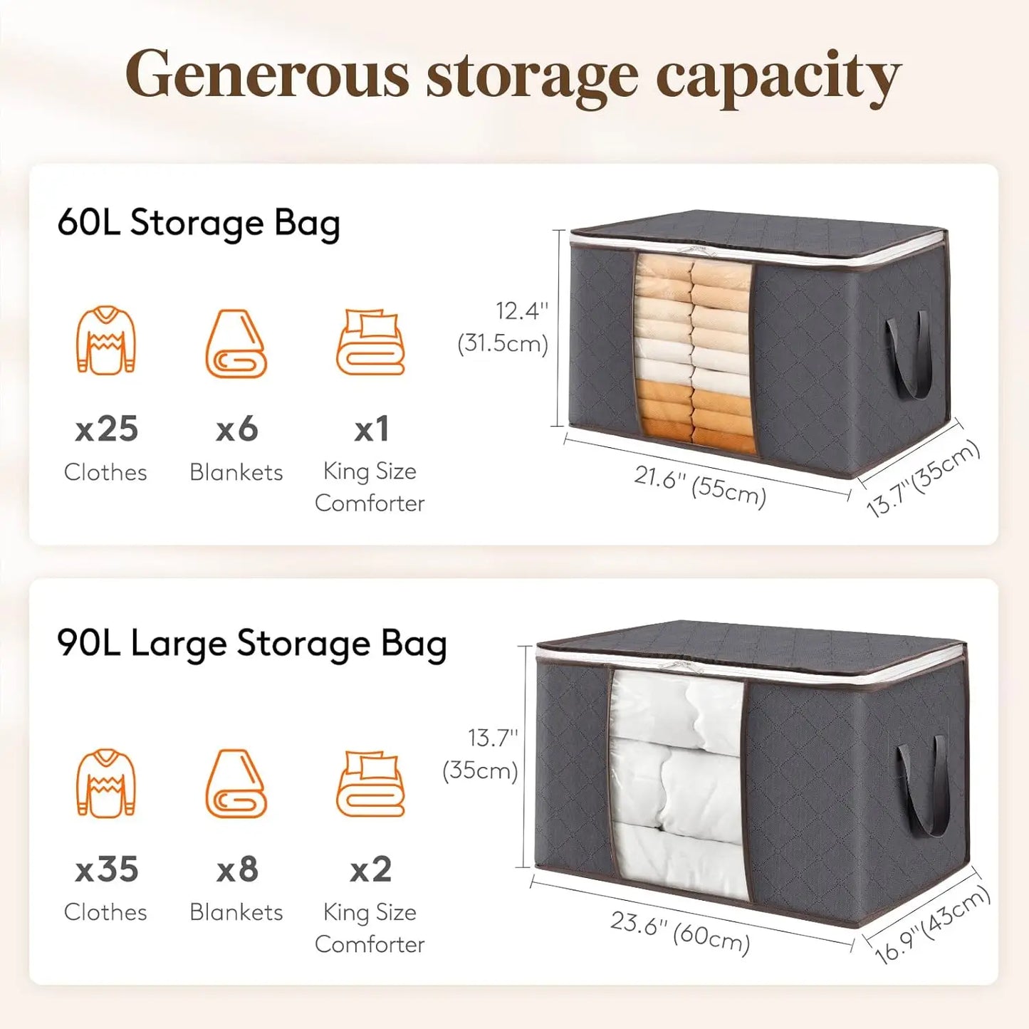Storage bags with capacity details and dimensions on a beige background