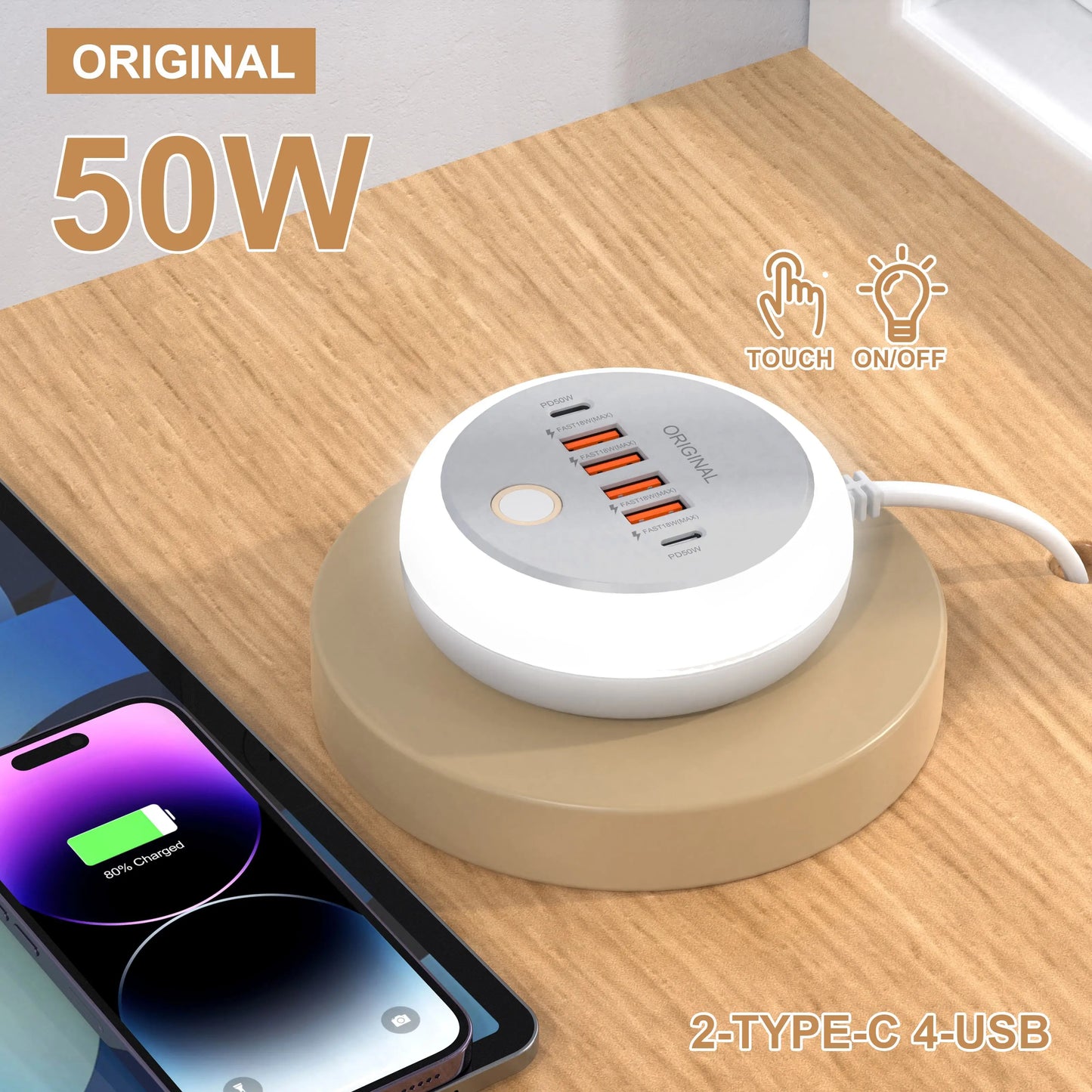 50W USB-C PD 6-Port Fast Charging Station with Touch LED Light