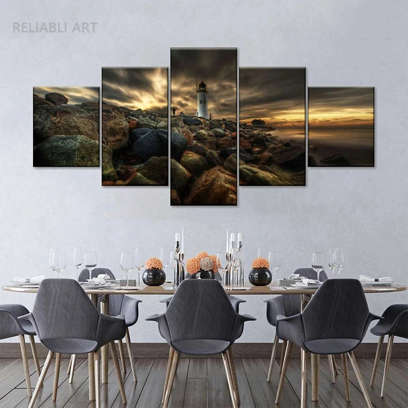 5pcs Cleopatra Ocean Canvas Painting Wall Art Orange Sky Ocean Beach Multi Turkey Sand Beach Sunrise Wall Decor No Frame Peaceful Pleasures Health and Wellness 5pcs 5 20x35-20x45-20x55cm