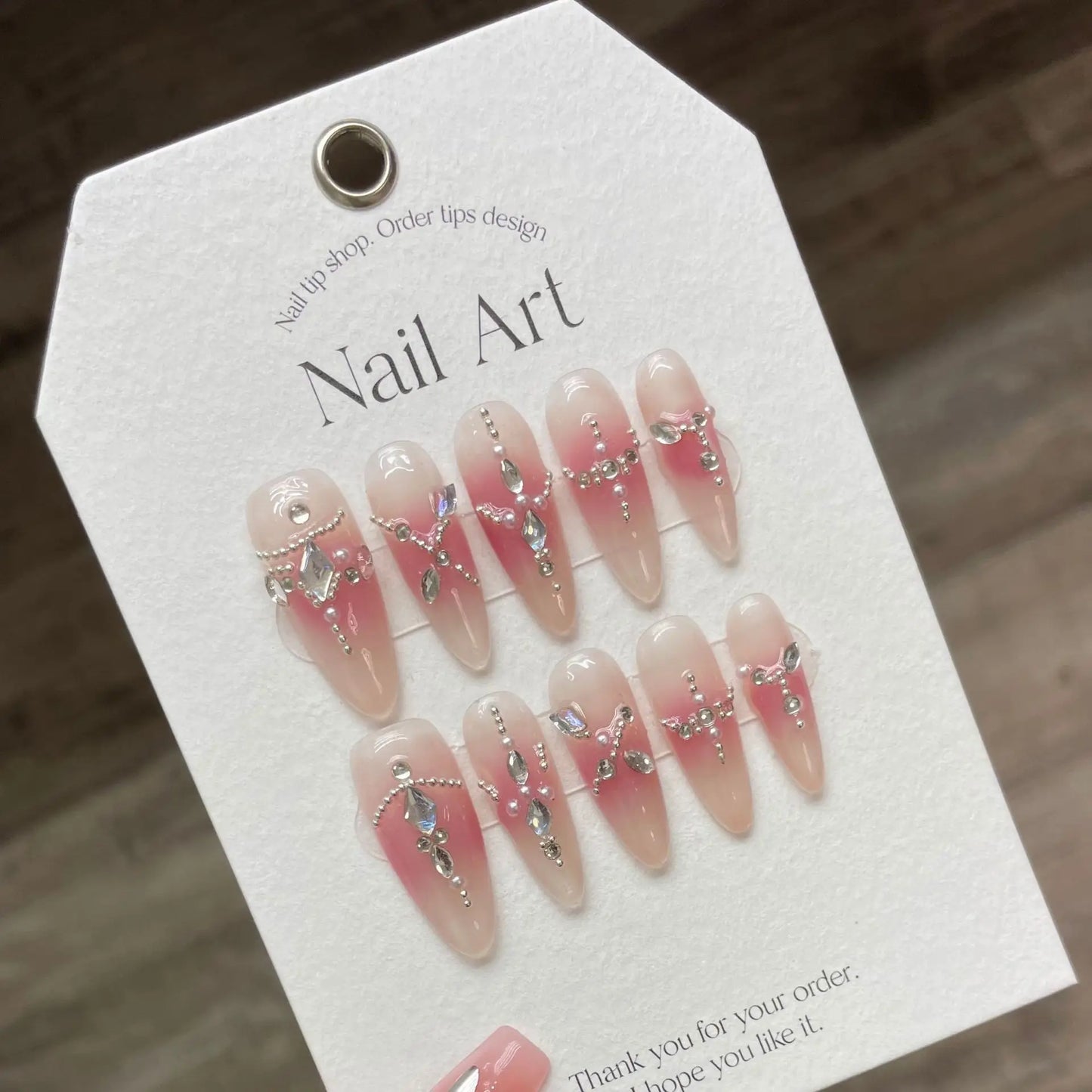 Handmade Press on Nails Pink Blush Shiny Rhinestone Decor False Nails Full Cover Wearable Sweet Korean Almond Fake Nail Tips Peaceful Pleasures Health and Wellness S 1