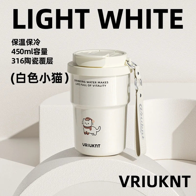 Ceramic Lined Stainless Steel Straw Tumbler | Insulated Cup Insulated Straw Tumbler Peaceful Pleasures Health and Wellness White cat 450ml