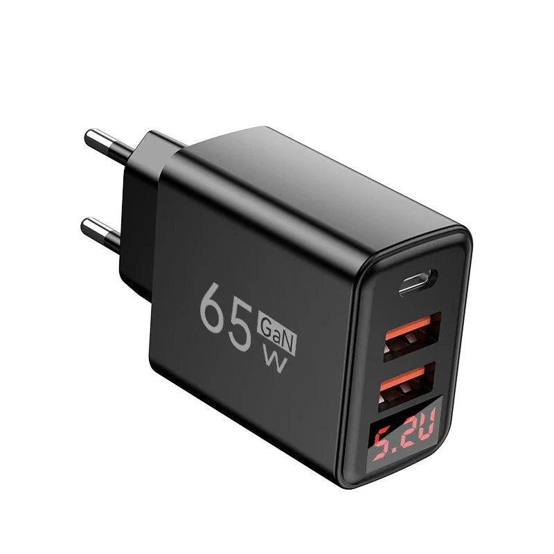 65W GaN USB-C Fast Charger 3-Port PD Quick Charge Display