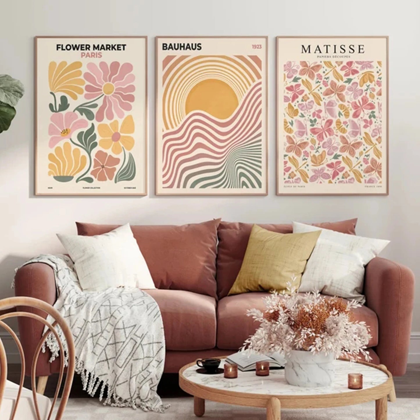 3-Piece Bauhaus Abstract Flower Canvas Wall Art Print Set