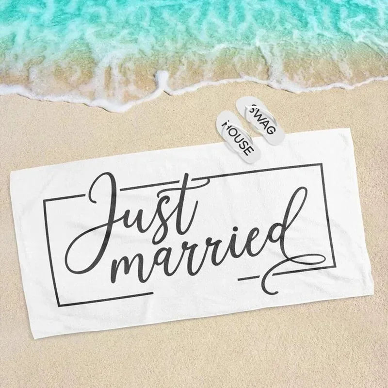 Just Married Mr Mrs bride groom Wife Husband Beach Towel Newlywed couple Honeymoon Vacation Wedding Gift present Photo props Peaceful Pleasures Health and Wellness just married