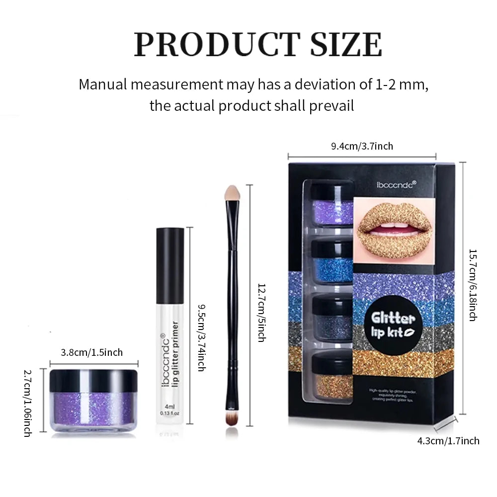4Color Glitter Lip Gloss Set, Diamond Metallic High Pigment Powder for Lip Makeup, Glitter Lip Makeup, with Lip Primer and Brush Peaceful Pleasures Health and Wellness
