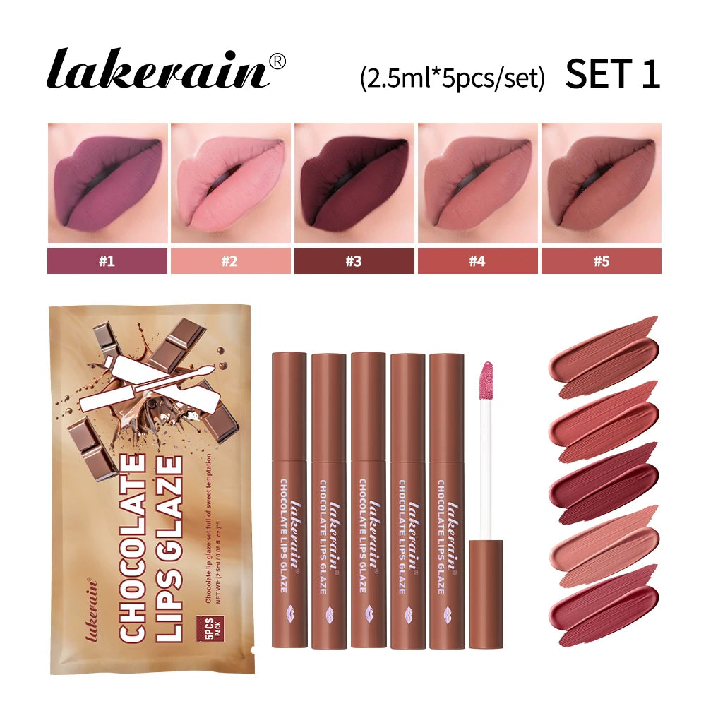 Lakerain Chocolate Lip Gloss Set Long Lasting Matte Finish Lip Tint Waterproof Sweat-proof NonStick Cup Liquid Lipstick 5pcs/Kit Peaceful Pleasures Health and Wellness set 1