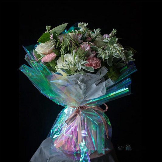 A36T-60 Pieces 59 Cm X 57 Cm Cellophane Wrap Paper Iridescent Film Gift Wrap Rainbow Flower Wrapping Packaging Paper Come Peaceful Pleasures Health and Wellness Color