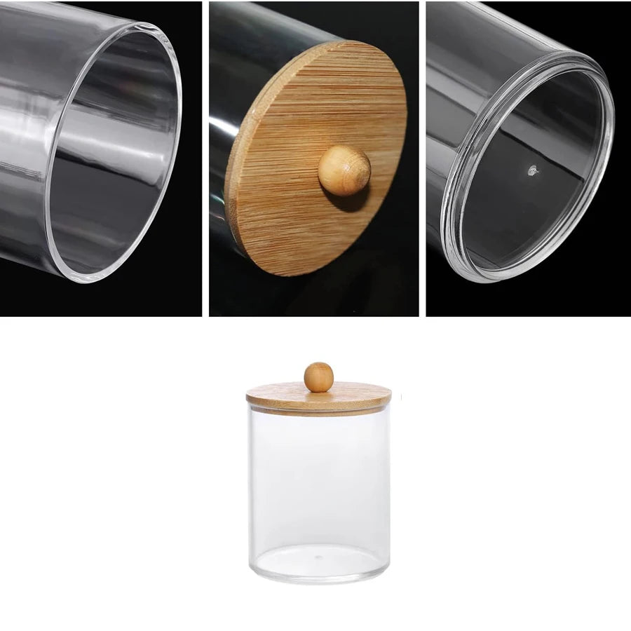 Qtip Holder Clear Apothecary Jar with Bamboo Lid – 10oz Bathroom Organizer Storage Container for Cotton Pads & Swabs