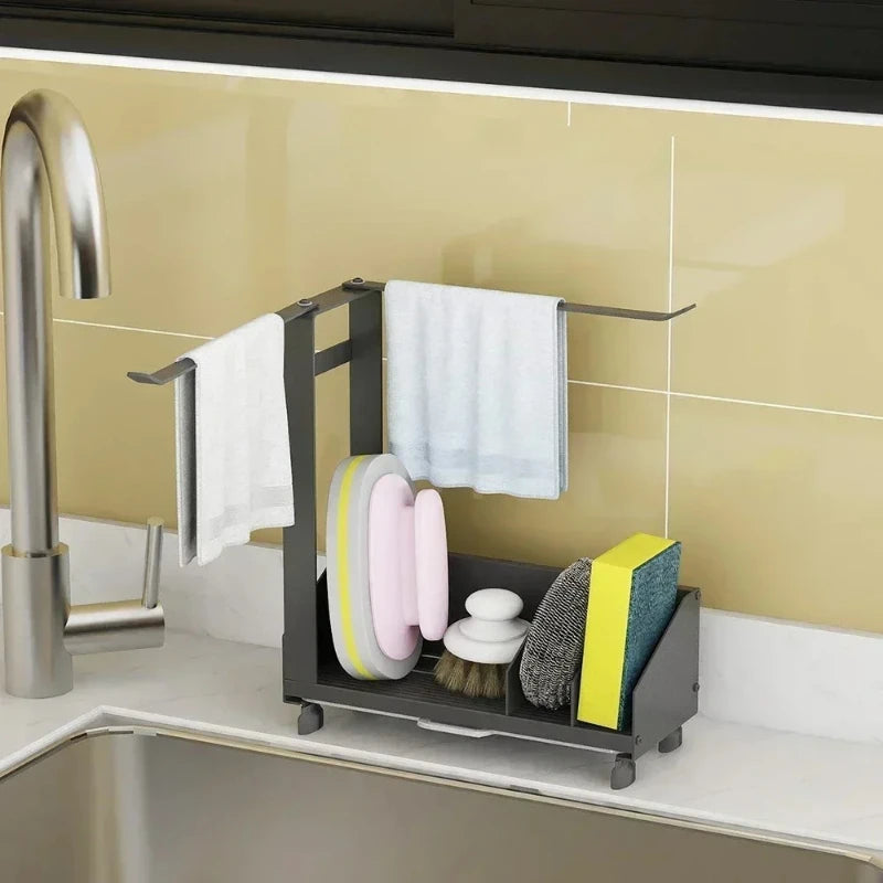 Black Sink Drain Rack – Sponge & Rag Holder with Drip Tray