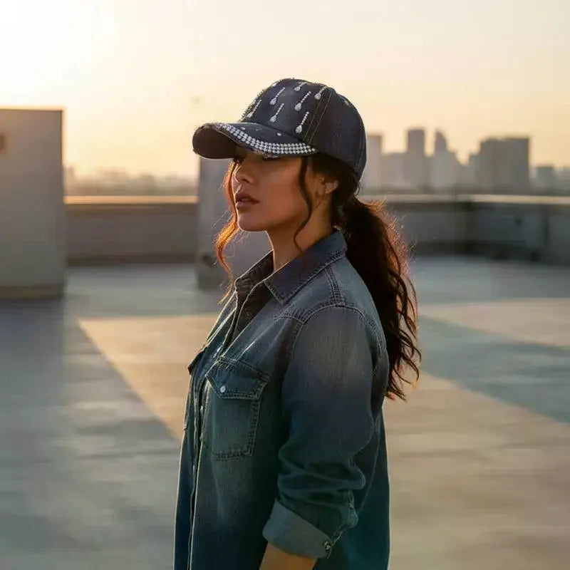 Rhinestone Bling Denim Baseball Cap – Women's Adjustable Hat