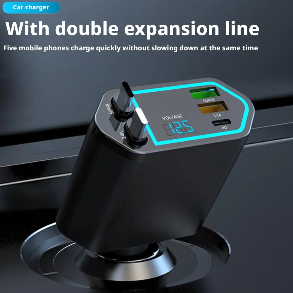 120W 4-in-1 Fast Car Charger – Retractable Cable & 2 USB Ports