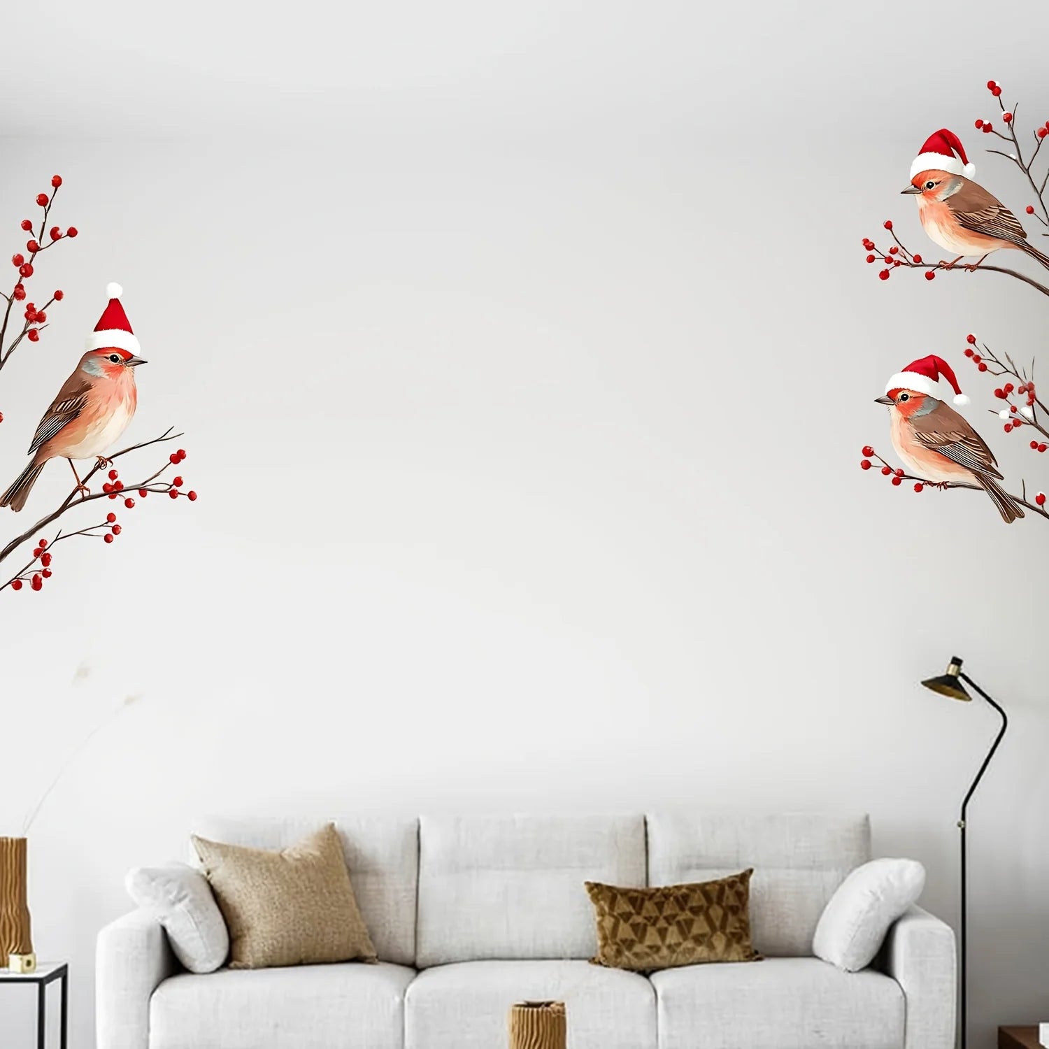 1PC Three Birds in Santa Hats Window Stickers Christmas Theme Red Berry Branches Decorative Wall Stickers for Glass and Window Peaceful Pleasures Health and Wellness