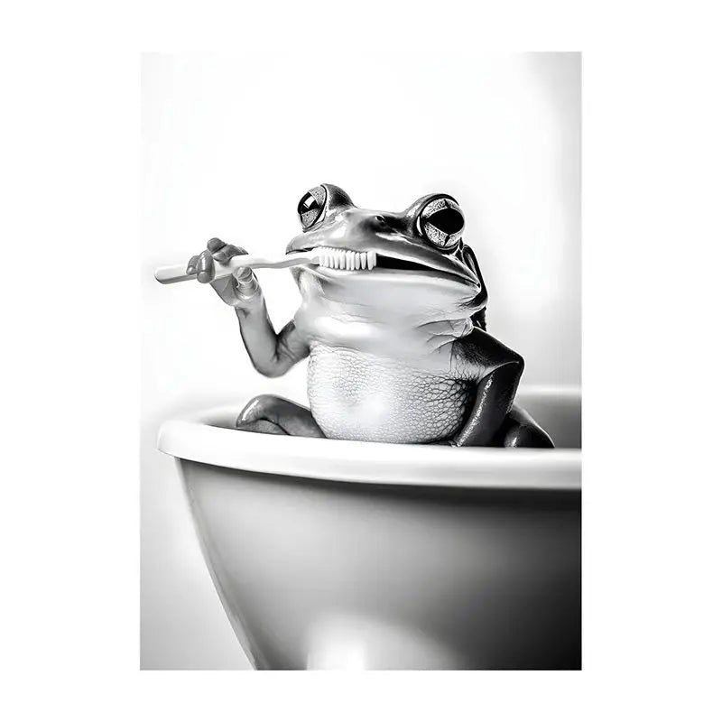 Funny Bathroom Animal Canvas Wall Art | Vintage Brushing Teeth