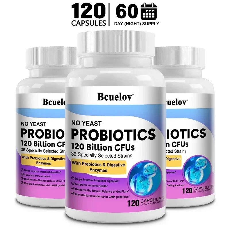 Probiotics 120 Billion CFU 36 Strains Contains Prebiotics and Digestive Enzymes for Digestion and Immune Support Vegan, Non-GMO Peaceful Pleasures Health and Wellness 120 count-3 bottle