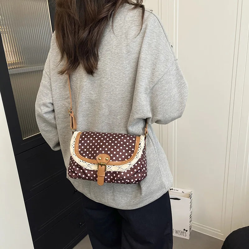 New Korean Style Polka Dot Women's Shoulder Crossbody Canvas Bag Fashionable & Exquisite Small Purse for Girls Fashion Versatile Peaceful Pleasures Health and Wellness
