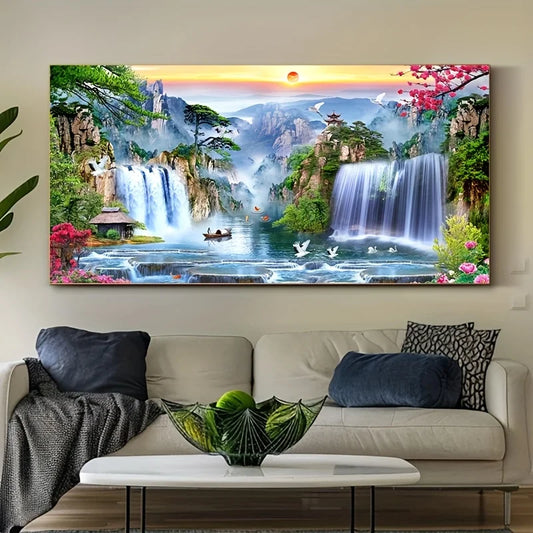 Chinese Landscape Canvas Wall Art – Waterfall Print Décor Canvas Wall Art Peaceful Pleasures Health and Wellness ZLH4994 80x160cm No Frame