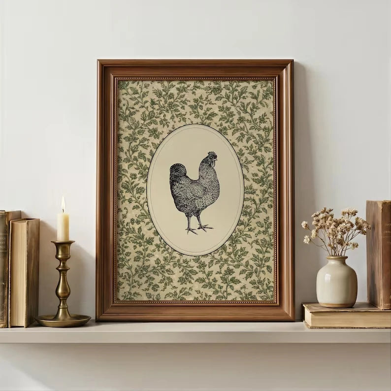Retro Farmhouse Chicken Botanical Canvas Wall Art Print
