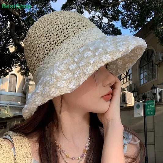 Women's Lace Trim Beach Straw Hat – Breathable Sun Hat Women's Straw Hat Oasis Select