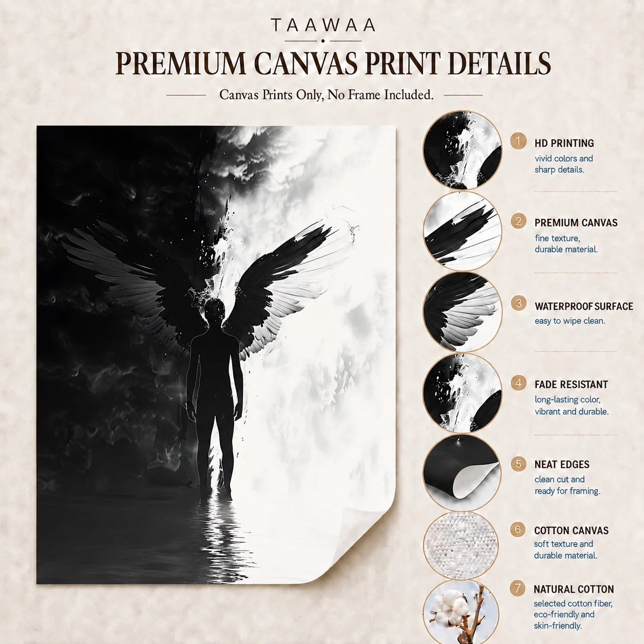 Black & White Dark Angel Canvas Wall Art | Modern Poster Print Canvas Wall Art Peaceful Pleasures Health and Wellness