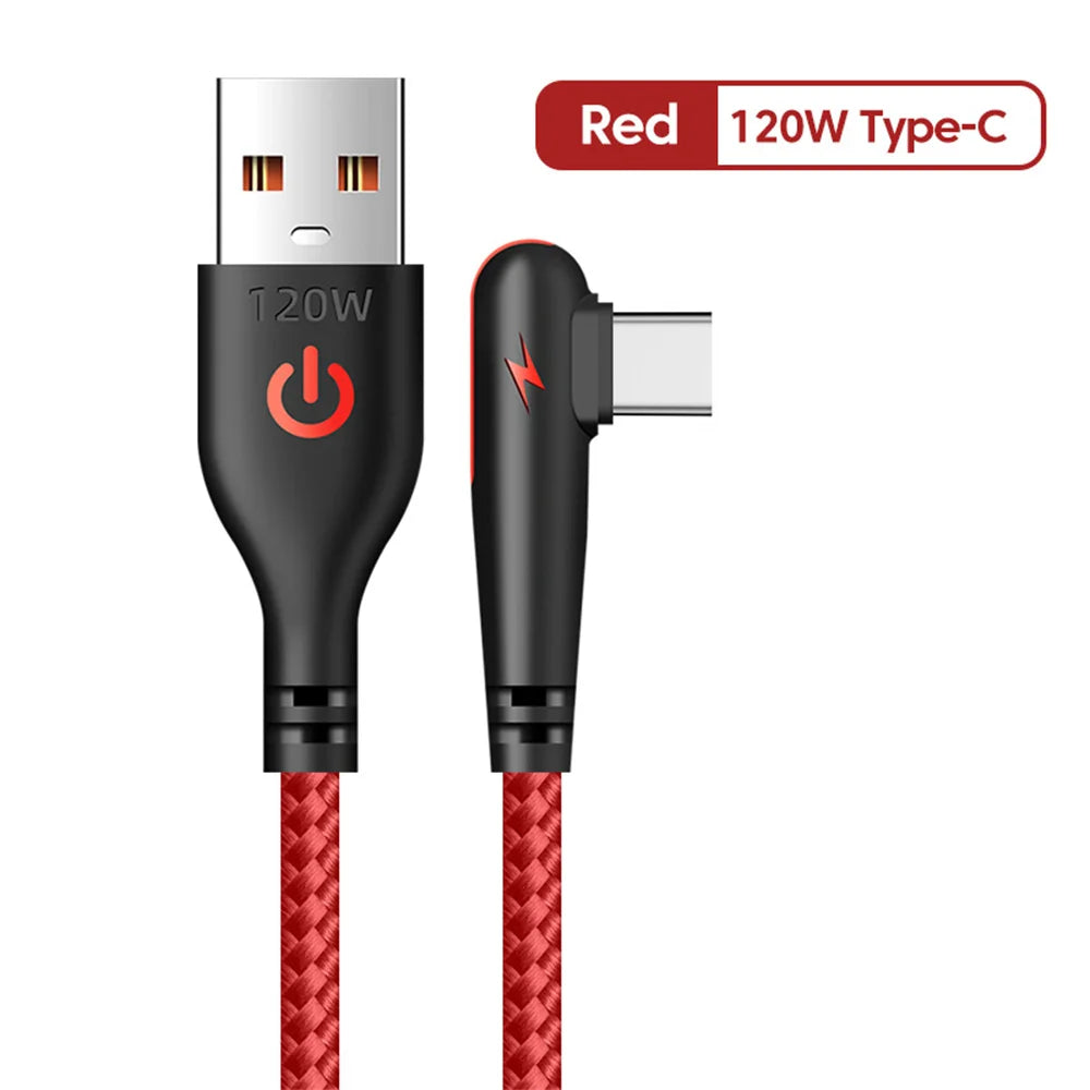120W USB-C 90° Elbow Fast Charging Cable – Nylon Braided Peaceful Pleasures Health and Wellness Red For Type C 2m