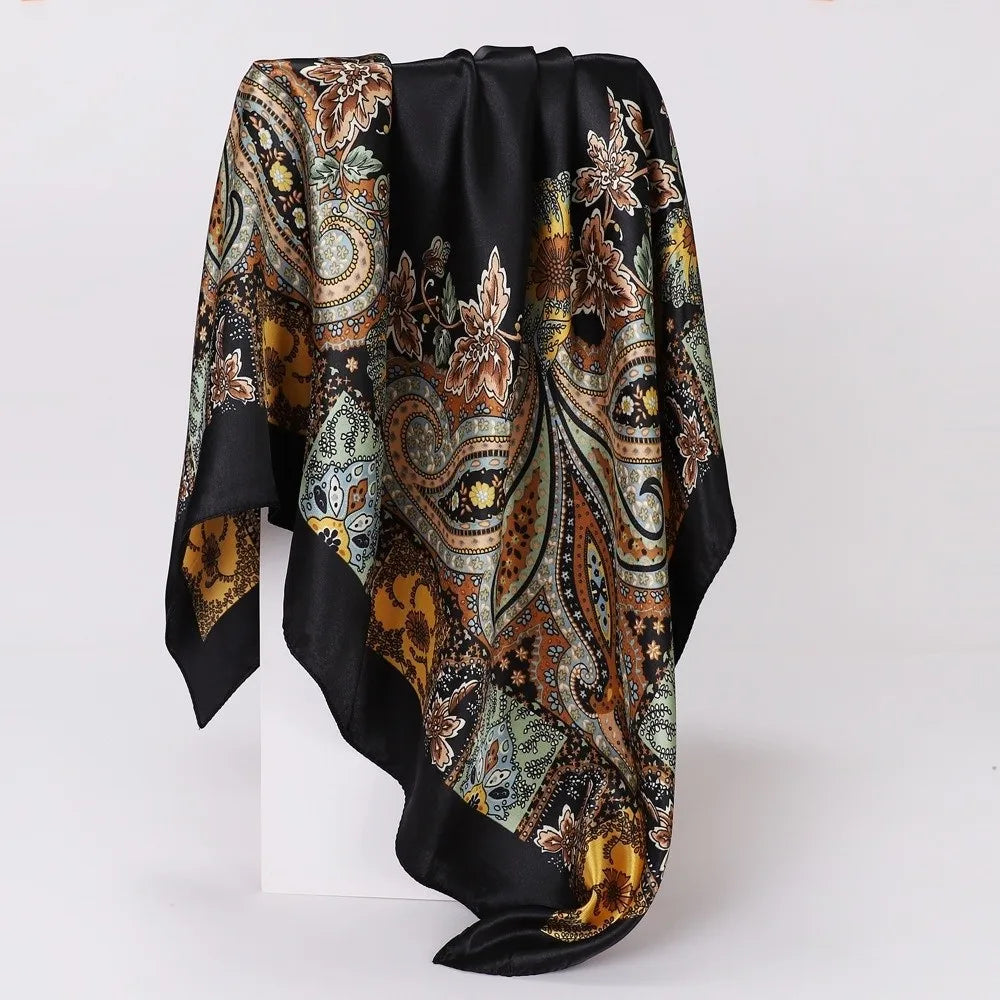 90x90cm Satin Square Scarf – Bohemian Floral Hair Wrap & Shawl