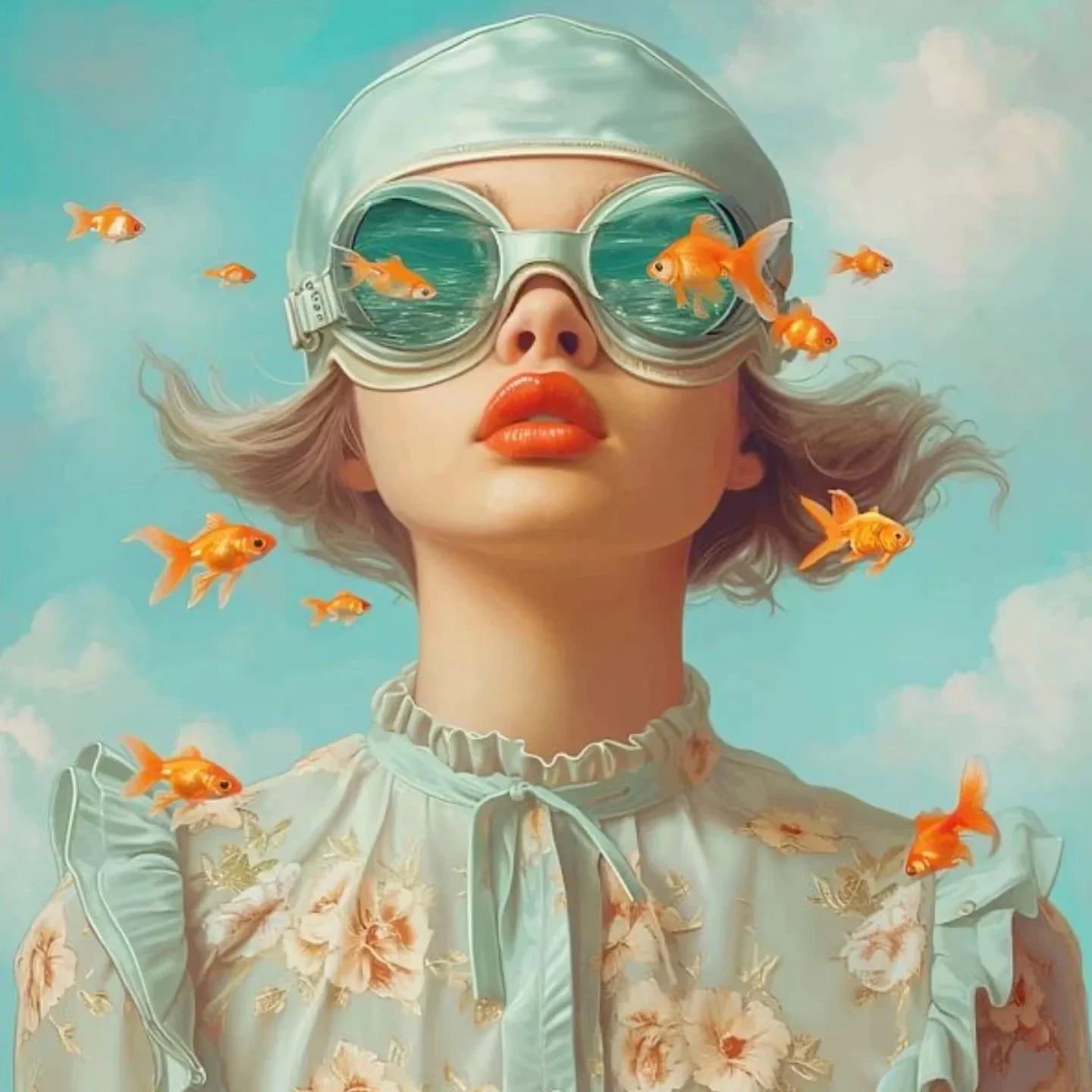 Surrealism Woman & Fish Canvas Wall Art | Fantasy Portrait Print