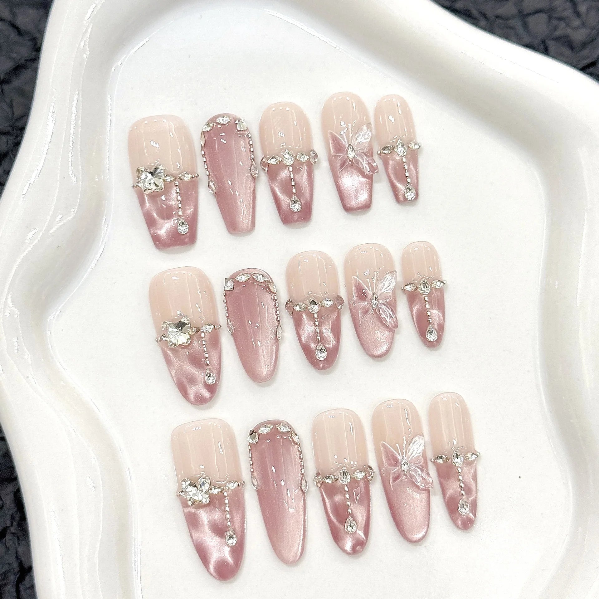 10pcs Handmade Press on Nails Pink Butterfly Design Fake Nails Wearable Reusable Glitter Cat Eye Sweet Korean False Nail Tips Peaceful Pleasures Health and Wellness
