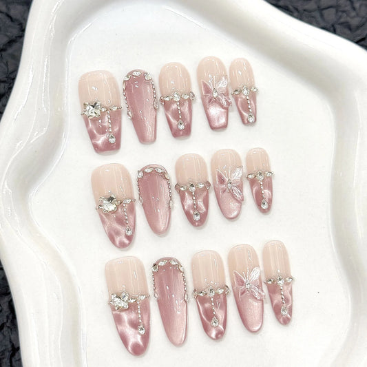 10pcs Handmade Press on Nails Pink Butterfly Design Fake Nails Wearable Reusable Glitter Cat Eye Sweet Korean False Nail Tips Peaceful Pleasures Health and Wellness