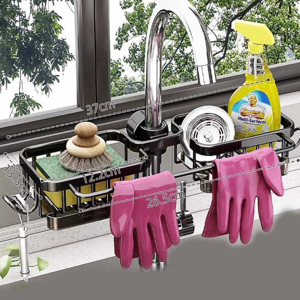 Space Aluminum Kitchen Sink Drain Rack Bathroom Organizer Soap Drainer Shelf Sponge Storage Basket Save Space Multipurppse Peaceful Pleasures Health and Wellness Black-Set