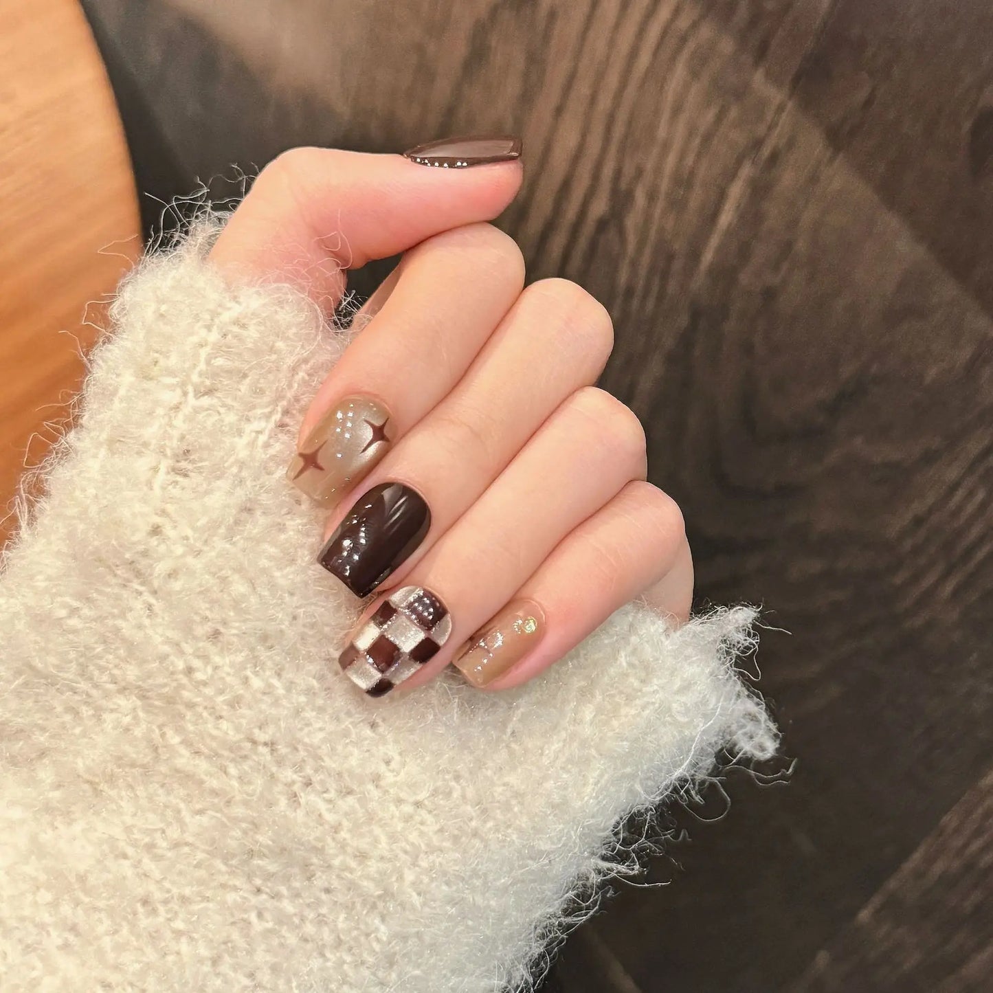 Handmade Press on Nails Retro Brown Grid Cat Eye False Nail Tips for Women Wearable Autumn Winter Short Square Head Fake Nails Peaceful Pleasures Health and Wellness