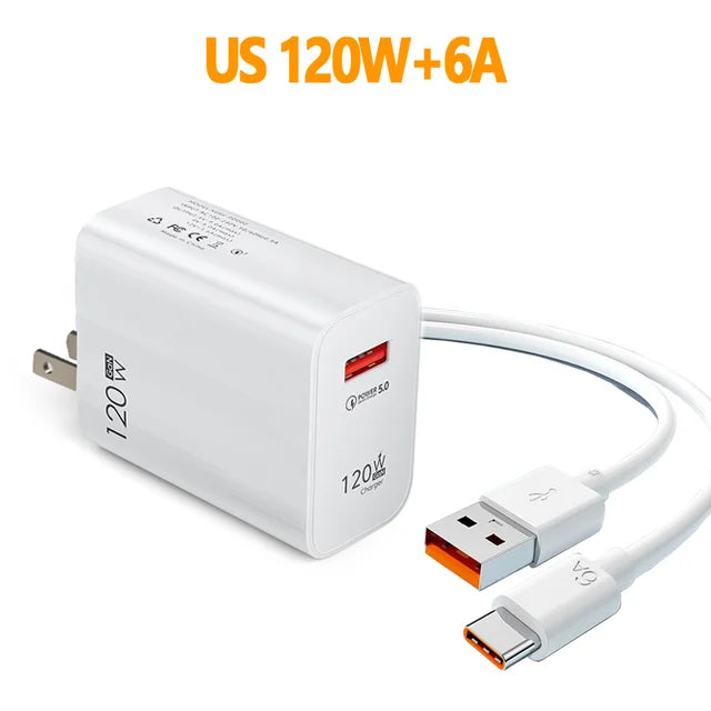 120W Fast USB Wall Charger QC3.0 + 6A Type-C Cable