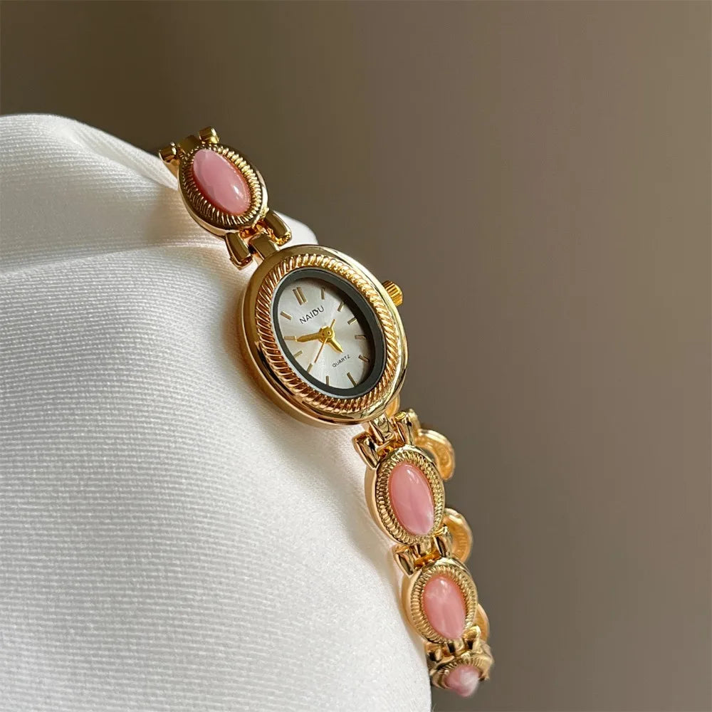 Oval Gemstone Ladies Quartz Watch – Elegant Jade Bracelet