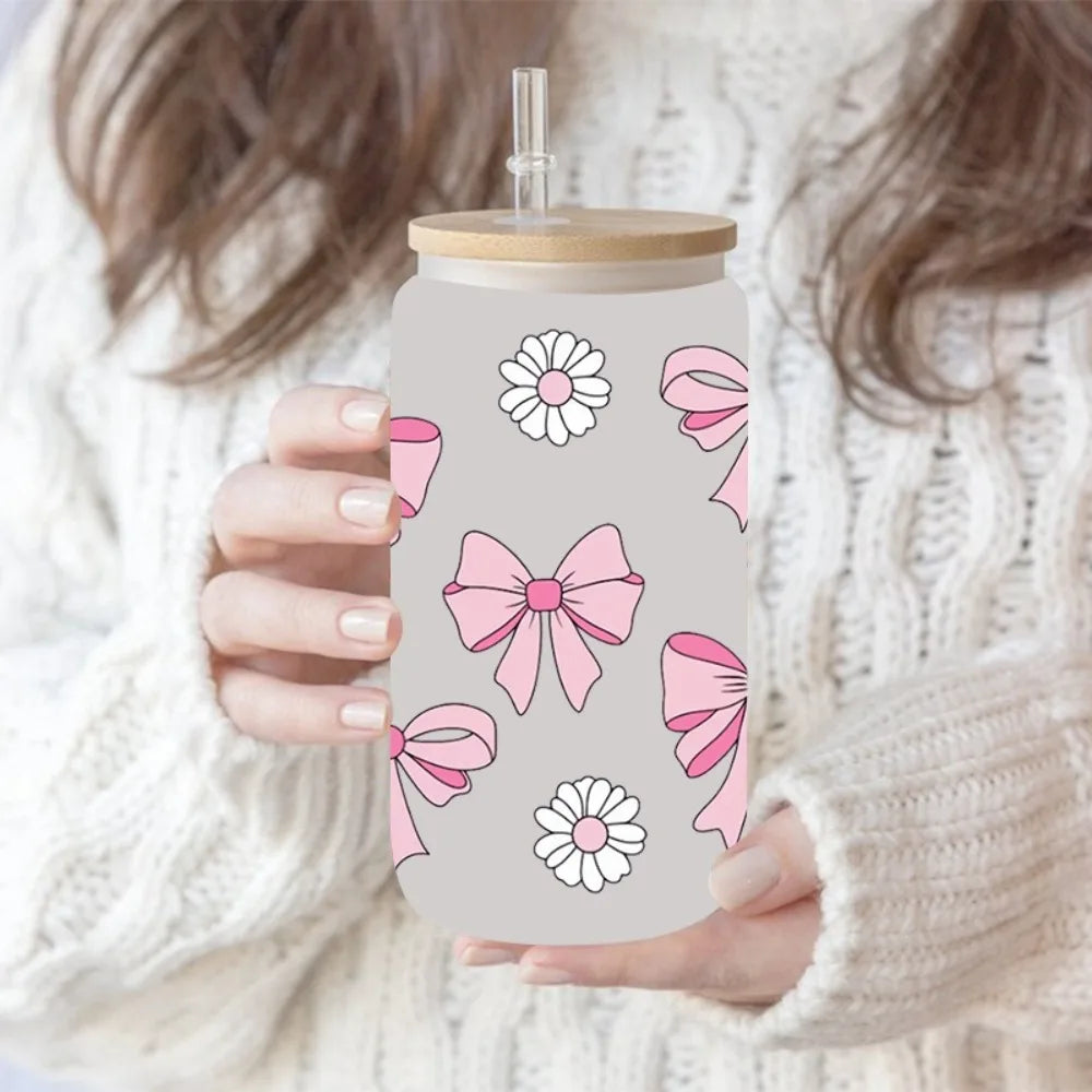 New Waterproof UV DTF Transfer Sticker Clear Smooth Pink Bow Decals Water Bottles Sticker For 16Oz Glass Cup Peaceful Pleasures Health and Wellness