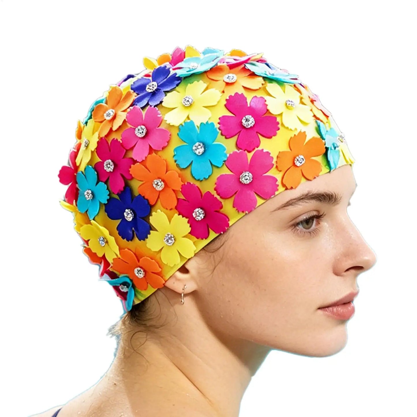 Rhinestone Flower Swim Cap for Women – Waterproof Bathing Hat