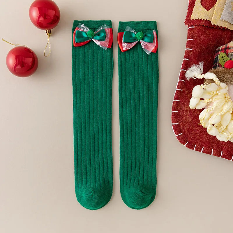 Girls' Christmas Long Socks | Bowknot Holiday Stockings Kids