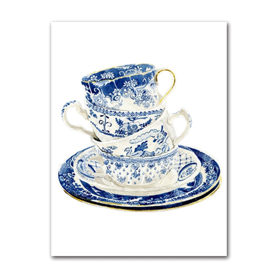 Vintage Teacup Watercolor Art Print, Blue Willow Chinese Teacup Oil Painting Mural Poster for Home Decor Peaceful Pleasures Health and Wellness