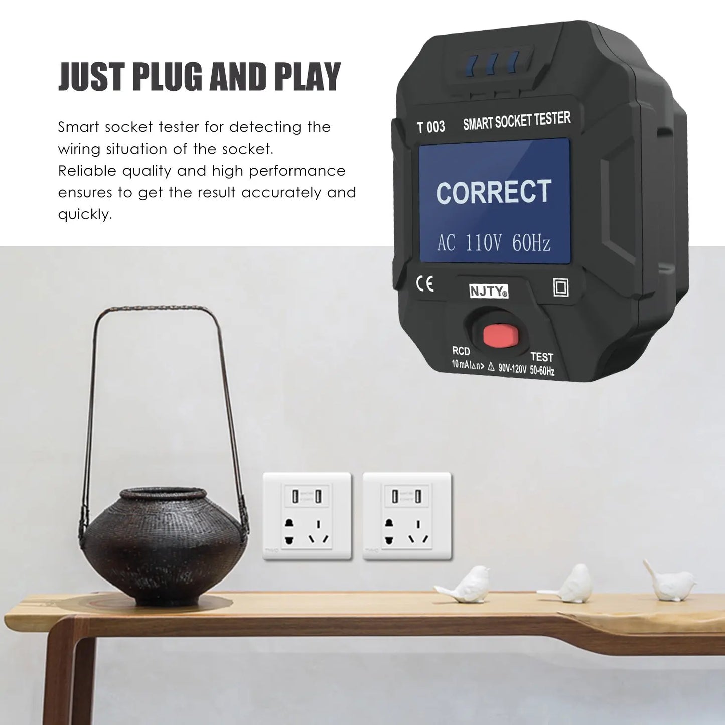 NJTY 90 120V US Plug Socket Outlet Tester Smart Digital Display LCD
