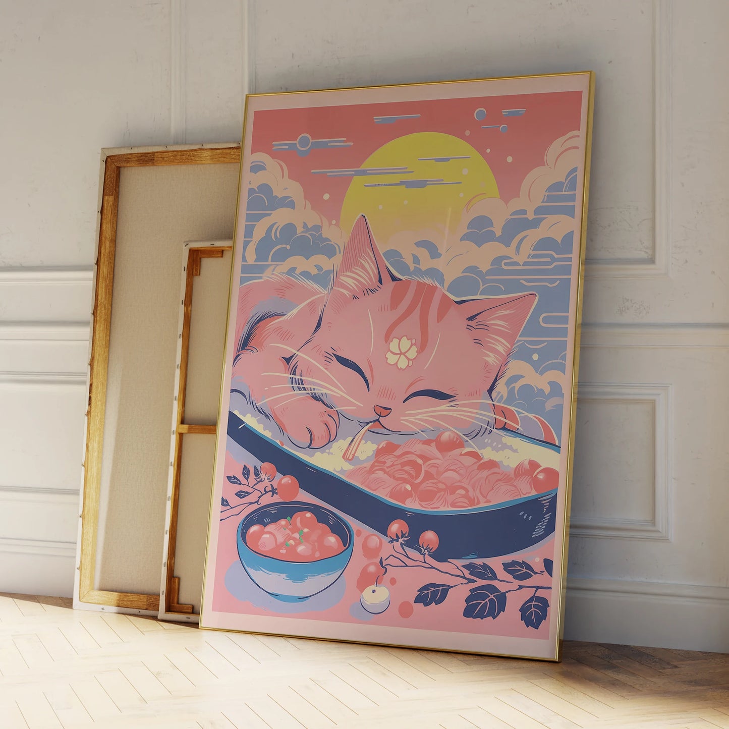 Playful Cat Blue Canvas Wall Art Print | Aluminum Frame