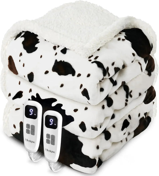 Queen Electric Heated Blanket | Fleece Sherpa Cow Print Peaceful Pleasures Health and Wellness United States