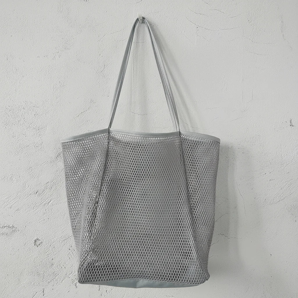 Large Capacity Foldable Nylon Mesh Shoulder Bag for Beach Travel Shopping Peaceful Pleasures Health and Wellness Light gray TOP 53