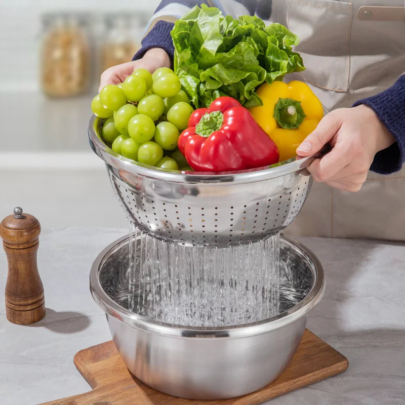 3-Piece Stainless Steel Multifunctional Strainer and Mixing Bowl for Washing and Slicing Fruits Vegetables Essential for Kitchen Peaceful Pleasures Health and Wellness