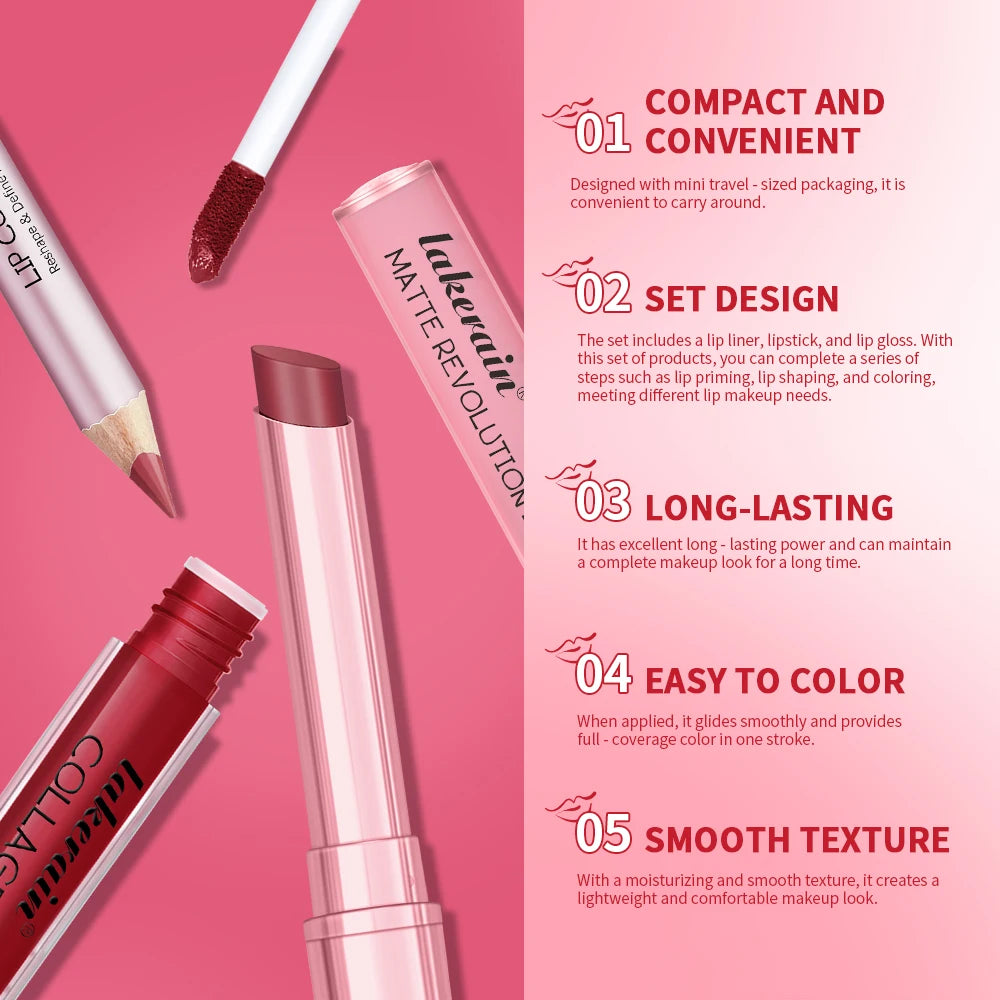 3pcs Lip Makeup Set Lip Liner Lip Gloss Lipstick Mirror Effect Beep Lips High Color Long-lasting Hydrates Travel Mini Set Peaceful Pleasures Health and Wellness