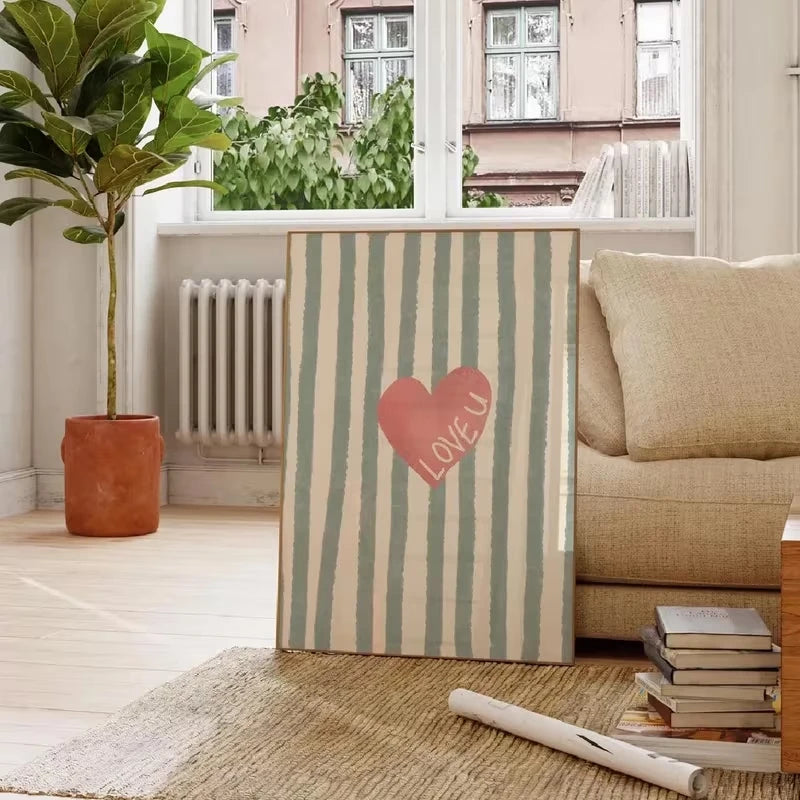 Pink Retro Striped Love Hearts Canvas Wall Art Print | Home Décor