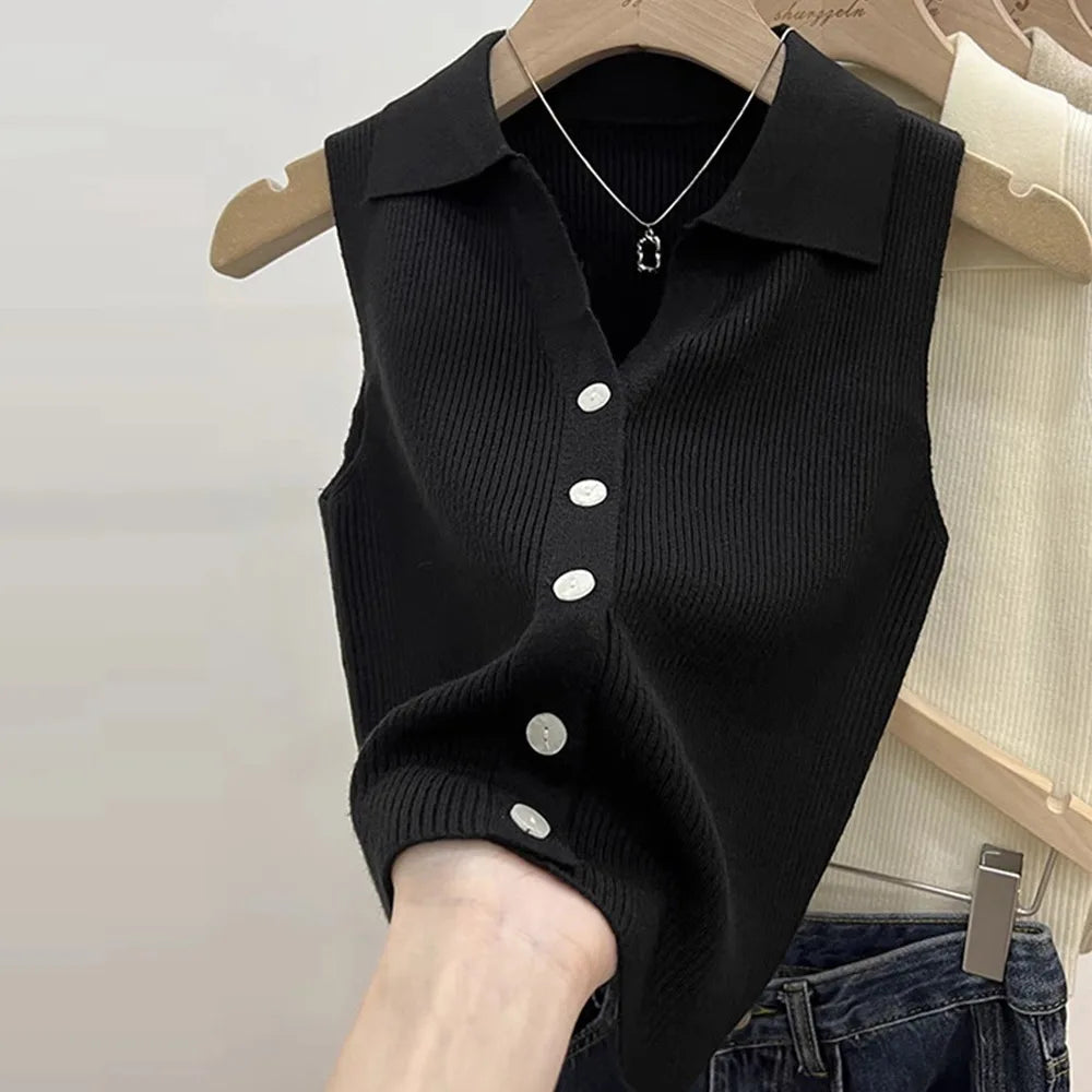 Women's Polo Collar Knit Vest – Slim Fit Sleeveless Camisole
