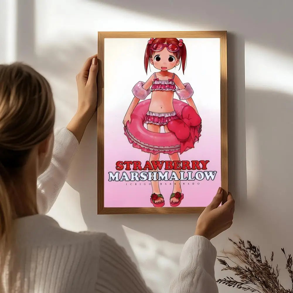 Anime S-Strawberry Marshmallow Poster HD Self Adhesive Waterproof Wall Art Ideal for Home Office Dorm Bedroom Great Gift Peaceful Pleasures Health and Wellness White6 15X20cmNoframe