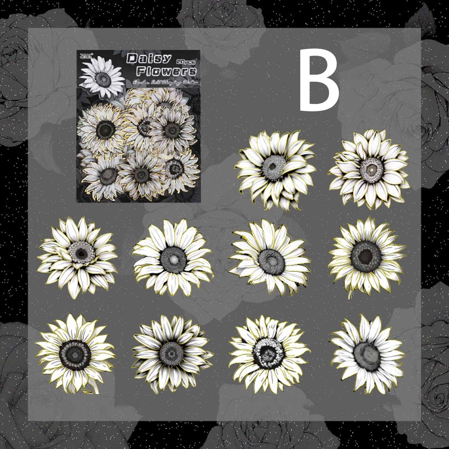 Black and White Flower Stickers with Gold Holographic Outlines, Glitter Shiny Waterproof Decals for Scrapbooking, Journal Peaceful Pleasures Health and Wellness B 3set