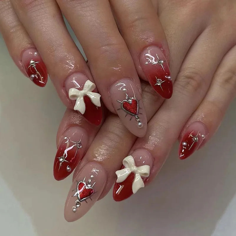 24Pcs Almond Press on Fake Nails French False Nails with Pink Bow Flower Design Oval Manicure Wearable Full Cover Fake Nail Tips Peaceful Pleasures Health and Wellness J3