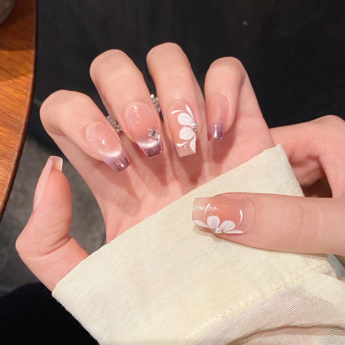 10pcs Handmade Press on Nails Sweet Petal Print French Cat Eye Fake Nails Wearable Spring Summer Korean Sweet Fake Nails Peaceful Pleasures Health and Wellness L