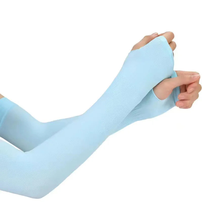 1Pair UV Protection Arm Sleeves for Men Women Summer Driving Sunscreen Ice Silk Cover Hand Protector Half Finger Long Gloves Peaceful Pleasures Health and Wellness Blue-Finger-38cm One Size
